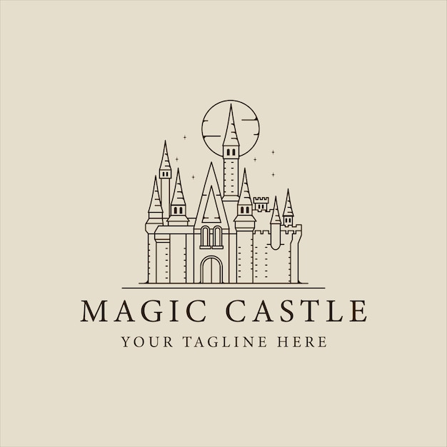 魔法の城線画ロゴベクトルイラストテンプレートアイコングラフィックデザイン歴史的な建物の看板やアパレルTシャツのシンボルプリント