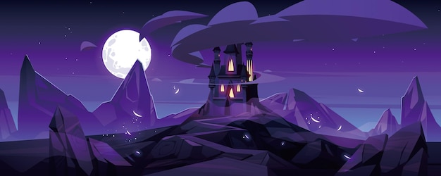 Magic castle at night on mountain fairytale palace with turrets and rocky road under purple sky