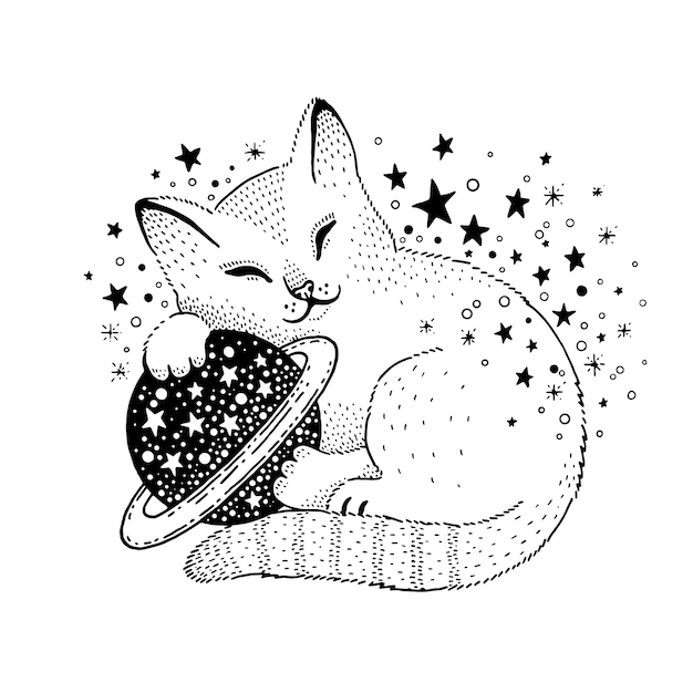 Vettore tatuaggio gatto magico spazio saturno arte sfondo carino esoterico e alchimia grafica fantasy per ragazza e bambino gatto di mezzanotte stampa vettoriale libro da colorare animale stellato simbolo misterioso della galassia celeste