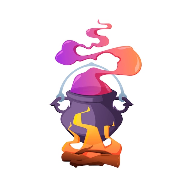Вектор Волшебный котел кипящее волшебное зелье с дымом и пузырьками мультяшный волшебный костер ведьмы с дымящимся ядом векторная красочная иллюстрация