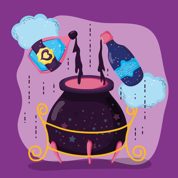 Magic cauldron with potions conjure effect