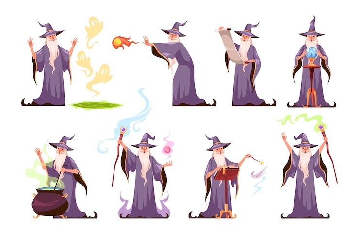 Vector 魔法のキャラクター 漫画の魔法使いが様々な魔法の動作を実行します 帽子とローブを着た上級の魔術師 長い白いひげを持つ素晴らしい老人は 薬を ⁇ 造したり ⁇ 文を投げたりします ベクター孤立した魔術師がセットです