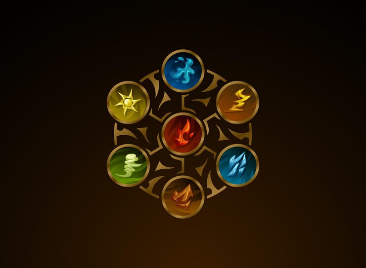 Vector magic circle amulet nature elemental symbol badge in fantasy gold frame fire water lightning