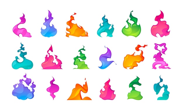 Magic colorful fire cartoon fantasy magic spell and various flame effect 2d game sprite asset bonfire and dungeon light source vector collection