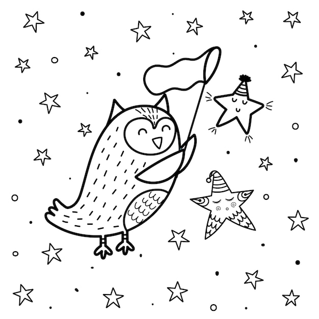 Magic cooling page with a cute owl catching a star. black and white fantasy print for kids.