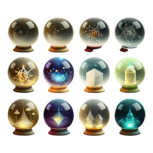 Vector magic crystal balls fortune teller globes oracle and halloween wizard glass spheres isolated on background cartoon vector illustration