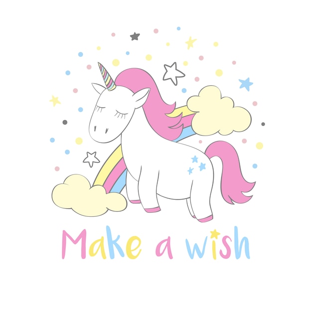 Magic cute unicorn in cartoon style with hand lettering Make a wish.