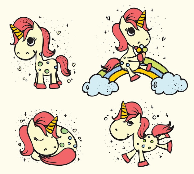 Magic cute unicorn set vector illustration for greeting card design tshirt print