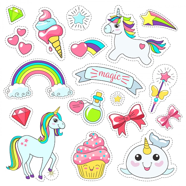 Vector magic cute unicorn stickers set