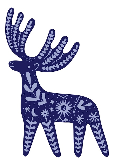 Magic deer. Blue animal silhouette with mystic floral motif