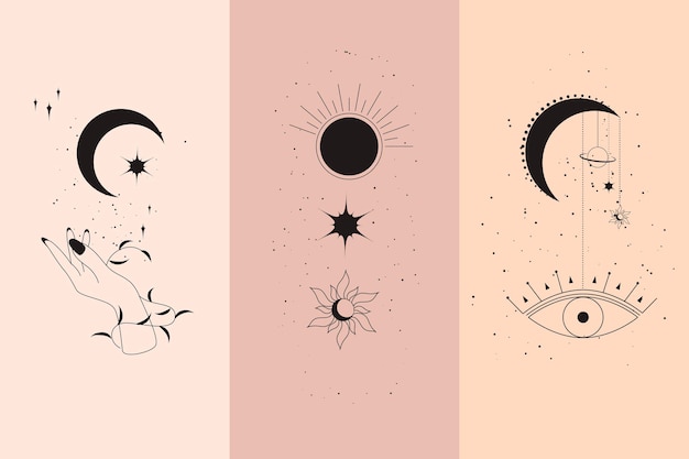 Magic diamonds and woman hands with moon crescent in boho linear style vector illustrations set. Simple bohemian emblems in golden lines with hands for mythical design and esoteric concept.