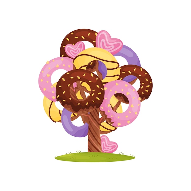 벡터 흰색 배경에 하트 모양의 막대 사탕 벡터 일러스트로 장식된 초콜릿과 핑크 아이싱이 있는 마법의 도넛 트리