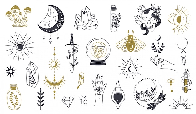 Magic doodle symbool. Heks handgetekende magische element, doodle hekserij kristal, schedel, mes, mysterie tattoo schets illustratie iconen set. Magie en hekserij, heks esoterische alchemie