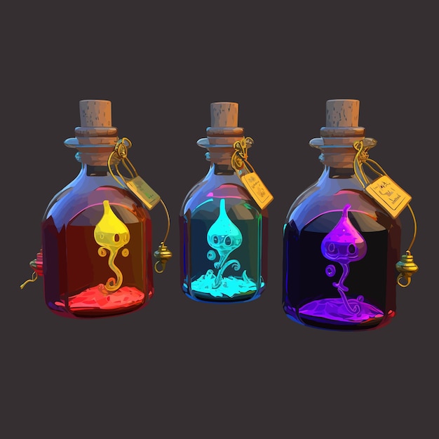 Magic elixir potion bottles cartoon thin glass flasks with colorful glowing liquid leather rope and plugs Isolated on background Cartoon vector illustration