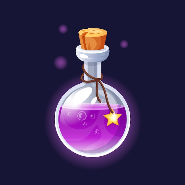 Magic Elixir Potion fles met paarse vloeistof geïsoleerd op zwarte achtergrond giftige vloeistowwe in wizard flack GUI icoon schattige chemische magische halloween container Vector cartoon 3d illustratie