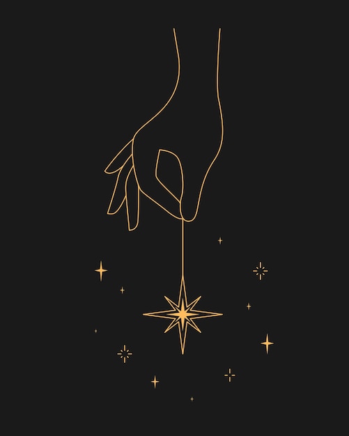 Magic esoteric astrology outline hand hold star tattoo design. Vector illustration