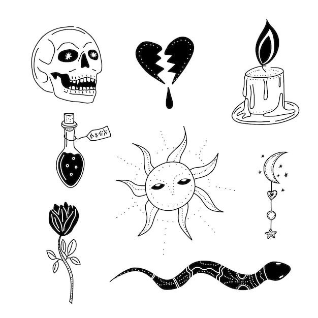 Vector magic esoteric symbol scull snake poison sun moon candle witch sketch hand drawn magic