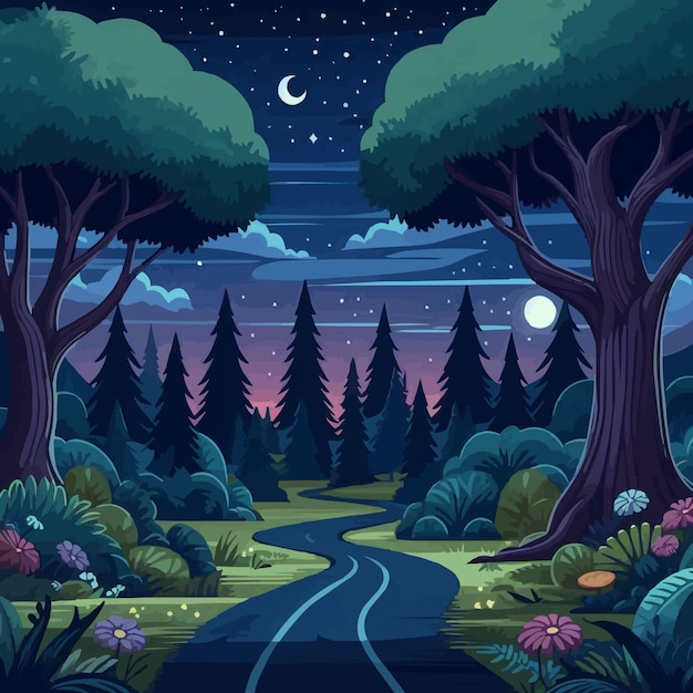 Magic evening or night forest cartoon landscape Mysterious trees and road fairy tale book illustra