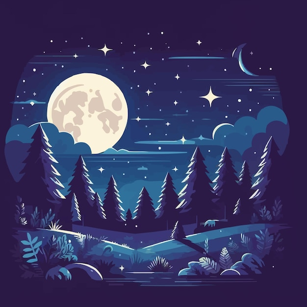 Vettore magica sera o notte foresta paesaggio dei cartoni animati alberi misteriosi e strada favola libro illustra