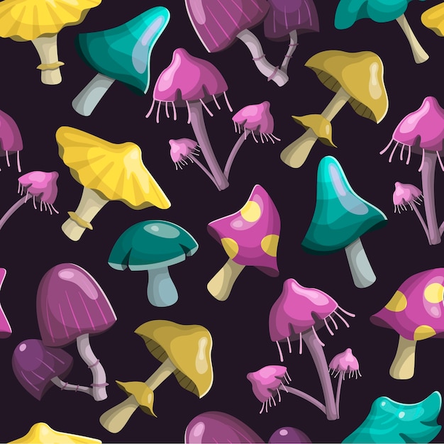 Вектор Волшебные сказочные грибы разных форм и расцветок. фоновое украшение.