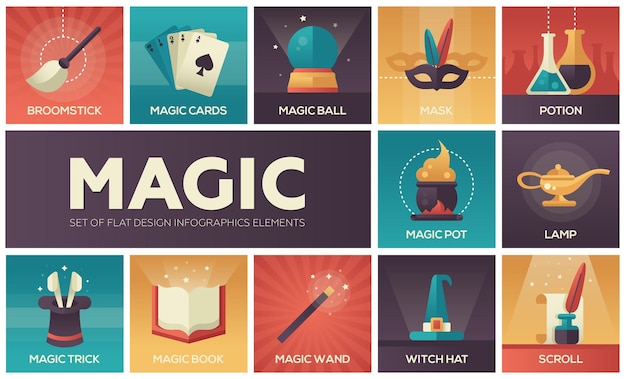 Vector magic and fairy tale - modern vector line design icons and elements set. gradient color symbols of wand, potion, trick, witch hat, broomstick, mask, lamp, cards, pot, scroll, book