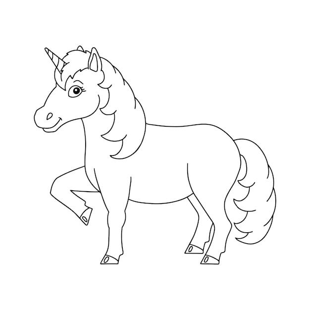 Magic fairy unicorn Cute horse Coloring book page for kids Cartoon style