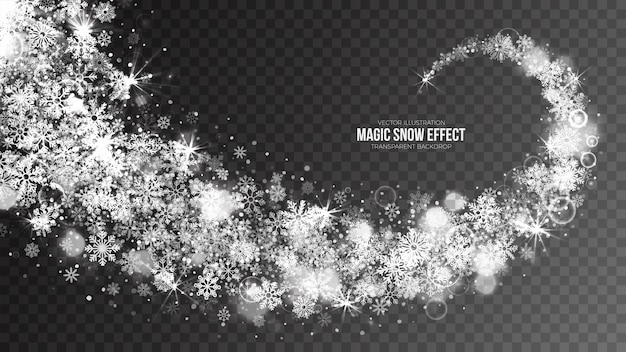 Vector magic falling snow effect with white flying snowflakes transparent