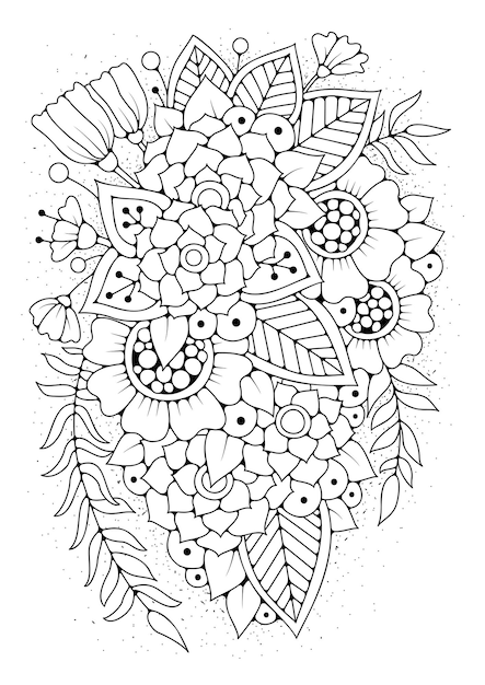 Magic flower garden, coloring book page. Art therapy for children and adults. Floral vector illustration for coloring. Art line flower background.