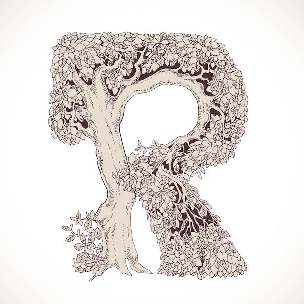 Vettore la foresta magica disegnata a mano dagli alberi da un font vintage r