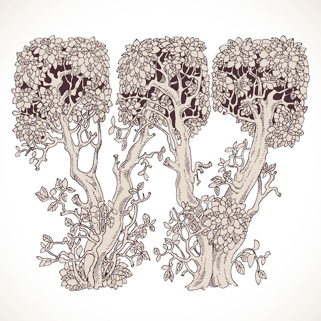 Vector magic forest hand drawn from trees by a vintage font w