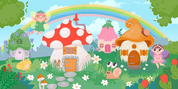 小さな家と妖精のある魔法の森の村の風景花とキノコの幻想的な家ノームおとぎ話のパノラマベクトルシーン