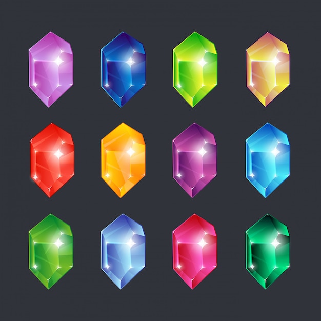 Magic gems. gem stones jewels diamonds gemstone emerald ruby sapphire glance clear glass brilliant isolated cartoon icons set