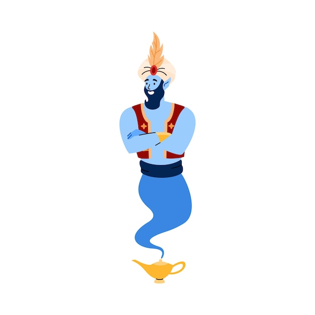 Vector magic genie at your service flying out lamp flat vector illustration isolated