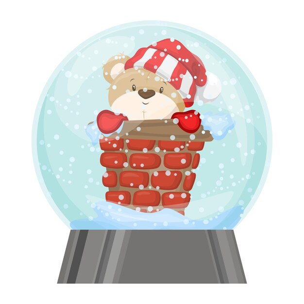 Вектор Волшебная стеклянная снежная глобуса с медведем в трубе. концепция с рождеством, для открытки, наклейки.