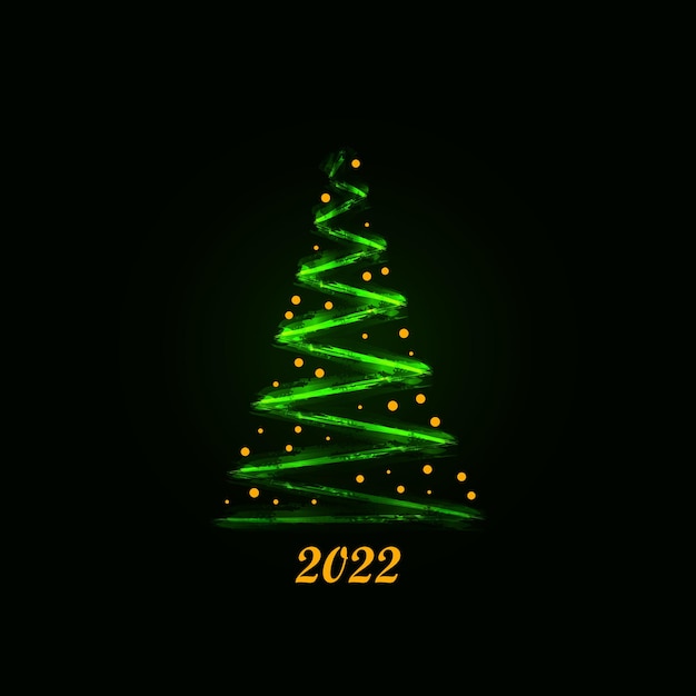 Magic glowing green Christmas tree with yellow snowflakes and numbers on a dark background. Merry Christmas and Happy New Year 2022. Vector illustration.