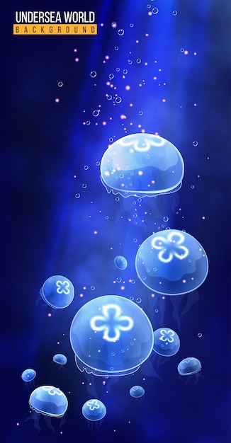 Magic glowing jellyfish underwater. Transparent glowing blue medusa. Undersea world