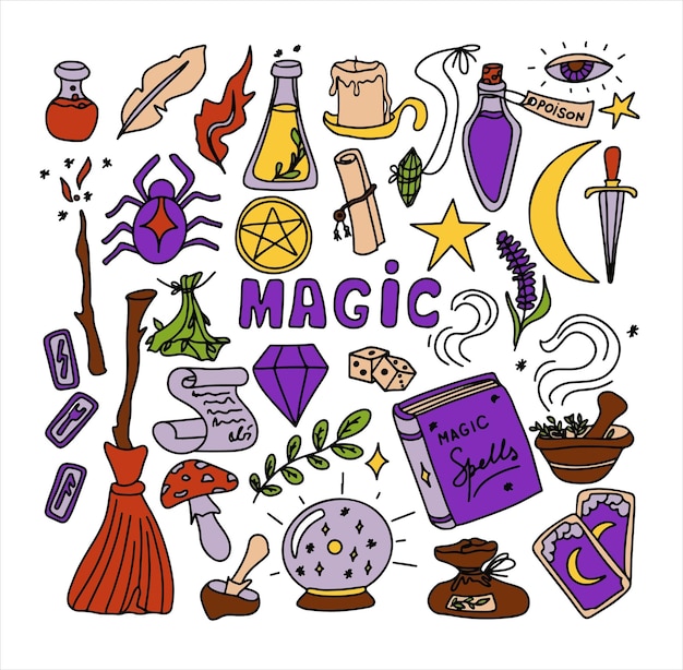 Vettore set di doodle disegnato a mano magico. icone vettoriali di oggetti magici. collezione di elementi di halloween. scopa magica, pozioni, carte di chiromante, rune, libri, bacchetta magica, clessidra.