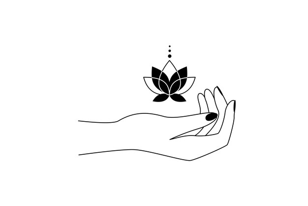 Magic hand with sacred lotus flower line art Alchemy spiritual tribal symbol for create branding name or logo in outline style Esoteric and mystical design element Contour Vector illustration