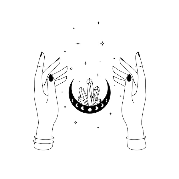 Vettore mani magiche con falce di luna e cristallo in stile boho alla moda simbolo dell'alchimia di contorno per il branding o logo per cosmetici o prodotti di bellezza illustrazione vettoriale esoterica e mistica