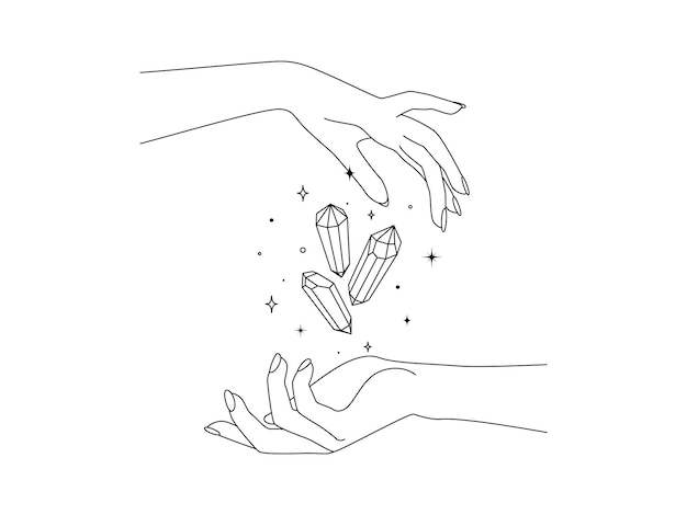 Волшебные руки с целебным кристаллом в модном линейном минимальном стиле Шаблон дизайна логотипа и иконок для косметики или косметических товаров Эзотерические и мистические элементы дизайна Векторная иллюстрация каракулей