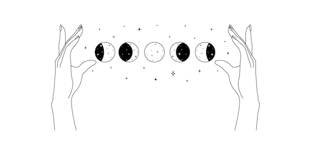 화장품 및 포장 브랜드 이름 Doodle 벡터 일러스트레이션을 위한 트렌디한 선형 스타일 로고 및 아이콘 디자인 템플릿의 달 위상이 있는 마법의 손