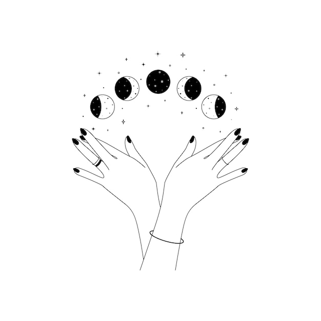 Волшебные руки с фазами луны в модном линейном стиле Шаблон дизайна логотипа и иконок для косметики и упаковки фирменного названия Doodle векторная иллюстрация