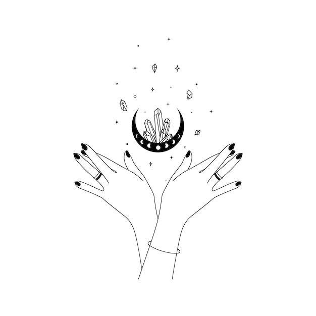 Vector magic hands with mystical moon and healing crystal in trendy boho line style outline alchemy and esoteric symbol for branding or logo for cosmetics or beauty products doodle vector illustration