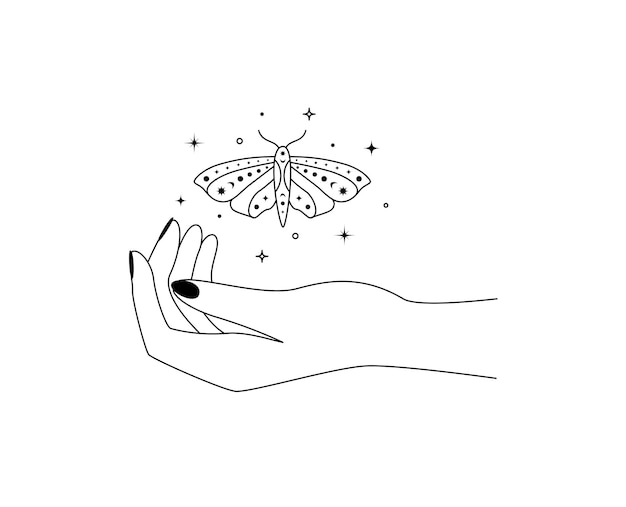 밤 나비 윤곽선이 있는 마법의 손 로고 화장품 및 미용 제품을 선형 스타일 낙서 라인 벡터 일러스트레이션으로 브랜딩하기 위한 하늘과 신비한 나방 날개