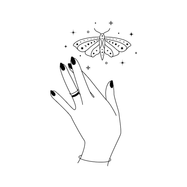 Mani magiche con contorno di farfalla notturna falena mistica per cosmetici logo branding e prodotti di bellezza in stile lineare doodle line art illustrazione vettoriale