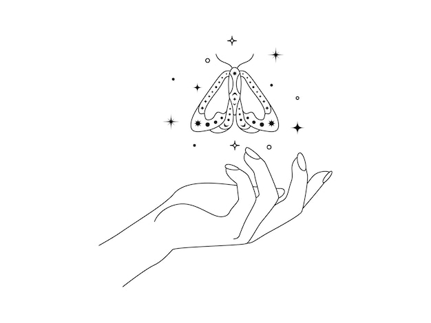 Vettore mani magiche con falena volante notturno in stile art linea ali di farfalla esoteriche e mistiche per il branding o logo cosmetici e prodotti di bellezza contorni semplici doodle elegance vector illustration