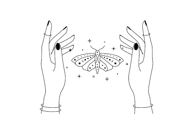 Magic hands with night moth outline Celestial and mystical butterfly wings for branding logo cosmetics and beauty products in linear style Doodle elegance line art Vector illustration