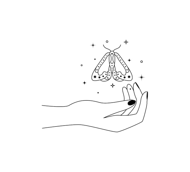 Magic hands with night moth outline celestial and mystical butterfly wings for branding or logo cosmetics and beauty products simple linear style doodle line art vector illustration