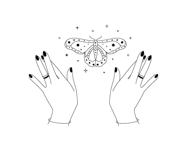 Mani magiche con contorno di falena notturna ali di farfalla esoteriche e mistiche per branding o logo cosmetici prodotti di bellezza e stregoneria in semplice stile lineare doodle line art illustrazione vettoriale