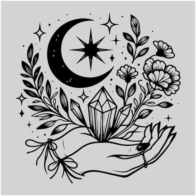 Magic Hans houdt maankristal en bloemen boho logo sjabloon Vrouwelijke tatoeage met eenvoudige botanische